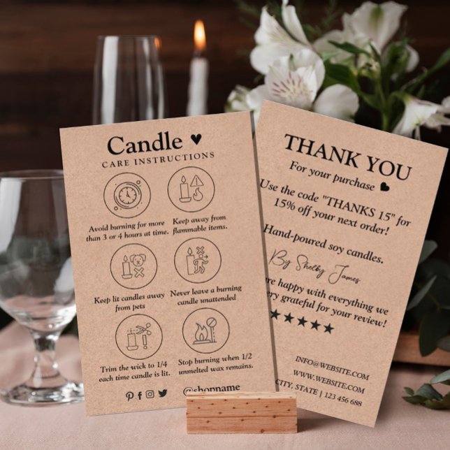 Candle Care Kraft Paper | Custom Logo Thank You  Business Card (#zazzlemade #instructionicon #candlecards #warning,#kraftpaper #craftpaper #thankyoucard #addlogo)