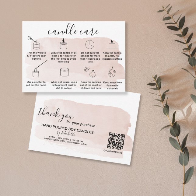 Candle Care Thank You Card Add Your Logo QR Code (minimalist icons with a blush pink watercolor background splash)