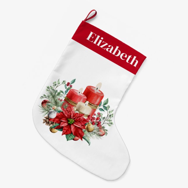 Candle Centerpiece with Poinsettia Flower Large Christmas Stocking (Front (Hanging))