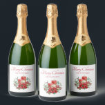 Candle Centerpiece with Poinsettia Flower Sparkling Wine Label<br><div class="desc">Bottle labels with a pretty bouquet made with watercolors. Red candles with gold accents and a smaller white candle too. Surrounded by a pine bouquet with a poinsettia flower.</div>