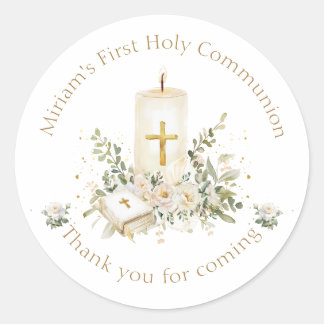 Candle Cross Bible Roses First Holy Communion Classic Round Sticker