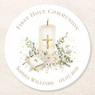 Candle Cross Bible Roses First Holy Communion Round Paper Coaster