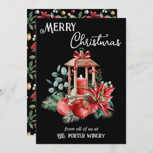 Candle Lantern Poinsettias and Apples Business Holiday Card
