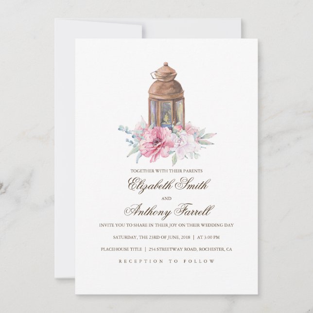 Candle Lit Lantern - Floral Watercolor Wedding Invitation (Front)