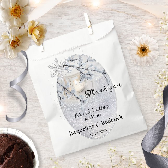 Candle Lit Lantern in Sparkling Snow Wedding  Favour Bags (Winter wedding favor gift bag featuring a candle lit lantern in sparkling snow.)