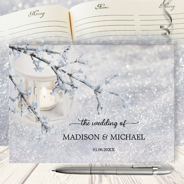 Candle Lit Lantern In Sparkling Snow Wedding Guest Book (winter wedding guest book featuring a candle lit lantern with snow covered branch in sparkling snow)