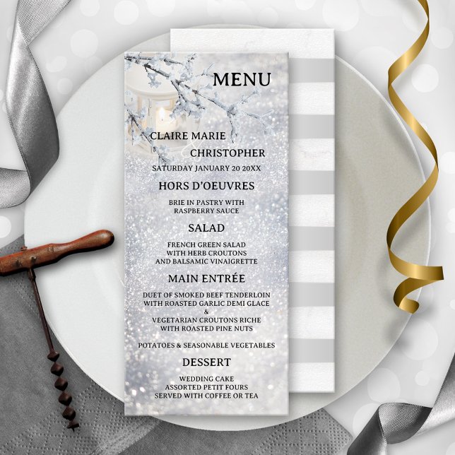Candle Lit Lantern Sparkling Snow Wedding Menu (Winter wedding menu card featuring a candle lit lantern in sparkling snow.)