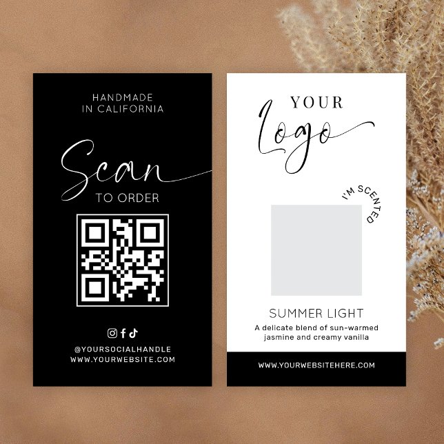 Candle Scent Tester Card Fragrance Sample Minimal (Elegant modern scent sample cards in black and white with space for your logo and QR code)