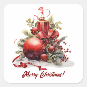 Candle Winter Berries Christmas Tree Ornament Square Sticker