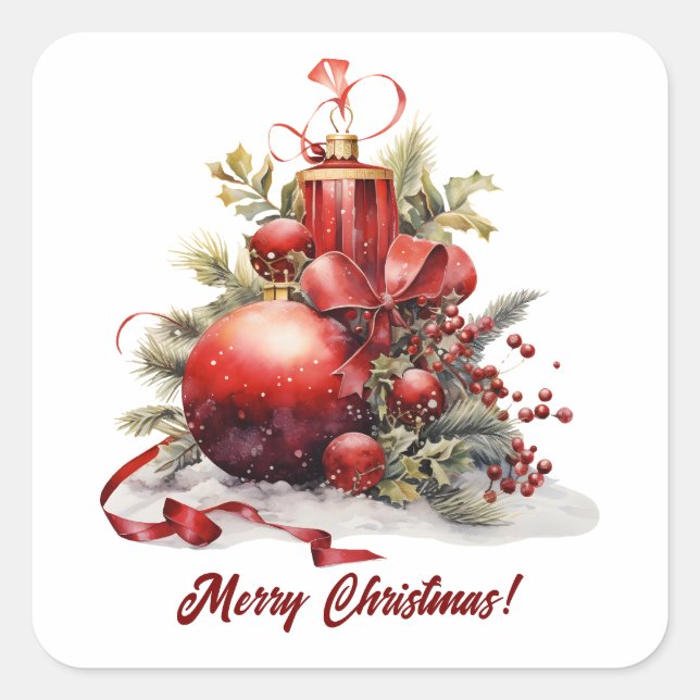 Candle Winter Berries Christmas Tree Ornament Square Sticker (Front)