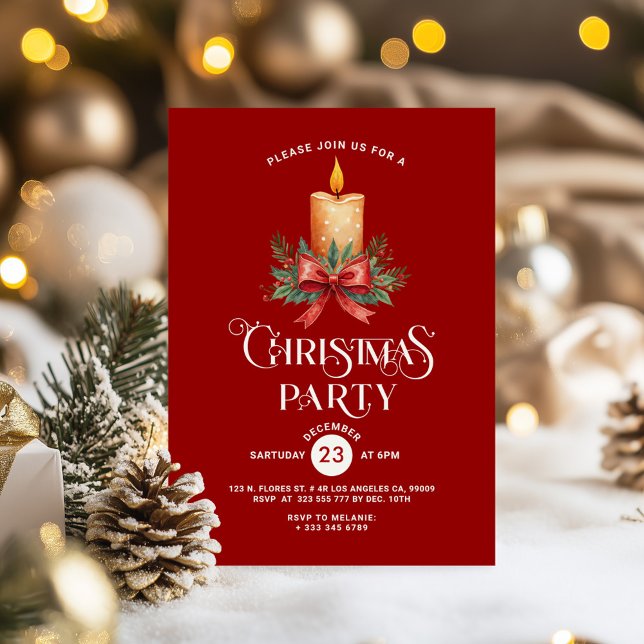 Candlelight Red Bow on Red Christmas Party Invite (Creator Uploaded)