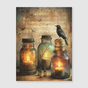 Candlelit Crow with Antique Bottles & Sheet Music