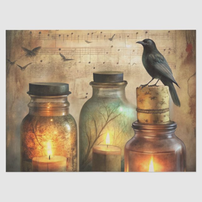 Candlelit Crow with Antique Bottles & Sheet Music (Front)