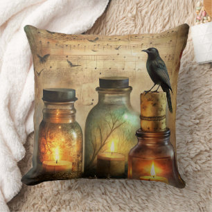 Candlelit Crow with Antique Bottles & Sheet Music Cushion