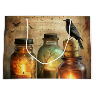Candlelit Crow with Antique Bottles & Sheet Music Large Gift Bag