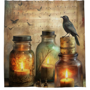 Candlelit Crow with Antique Bottles & Sheet Music Shower Curtain