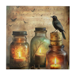 Candlelit Crow with Antique Bottles & Sheet Music Tile