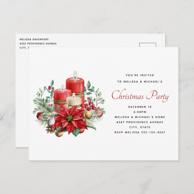 Candles and Floral Bouquet Christmas Party Postcard (Front/Back)