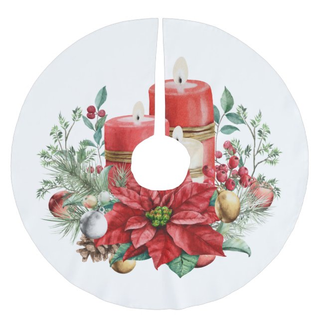 Candles and Poinsettia Bouquet Christmas Brushed Polyester Tree Skirt (Front)