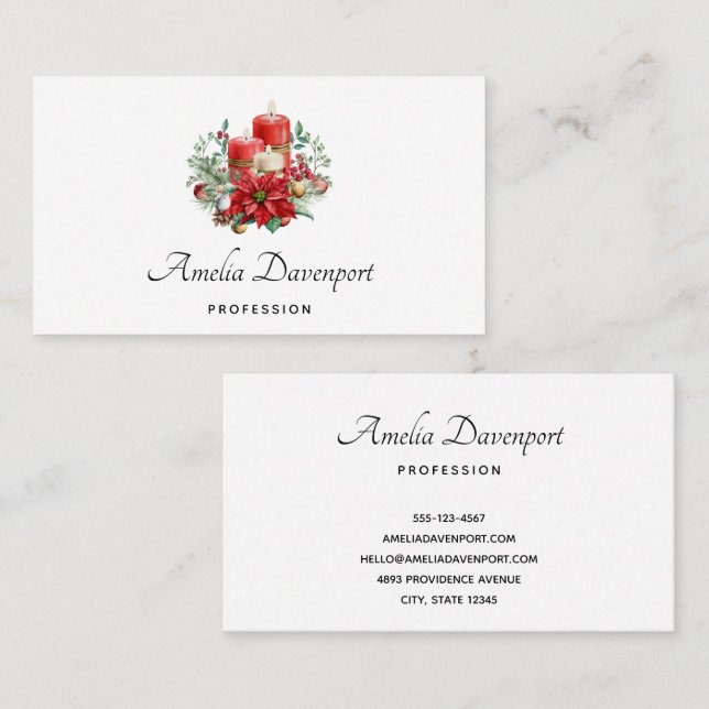 Candles and Poinsettia Bouquet Christmas Business Card (Front/Back)