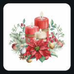 Candles and Poinsettia Bouquet Christmas Square Sticker<br><div class="desc">Stickers with a pretty bouquet made with watercolors. Red candles with gold accents and a smaller white candle too. Surrounded by a pine bouquet with a poinsettia flower.</div>