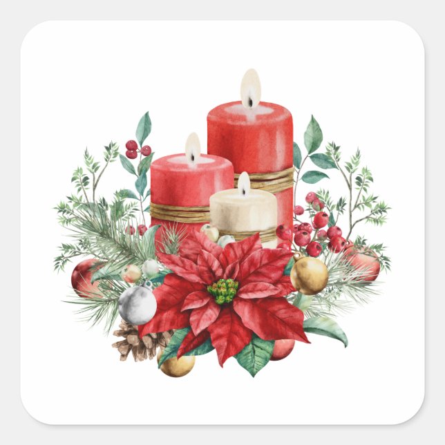 Candles and Poinsettia Bouquet Christmas Square Sticker (Front)