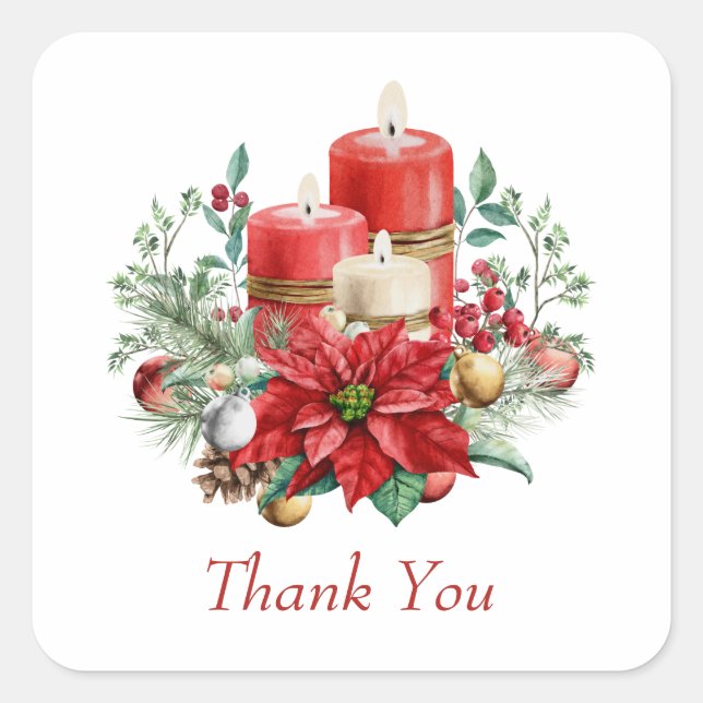 Candles and Poinsettia Bouquet Christmas Thank You Square Sticker (Front)