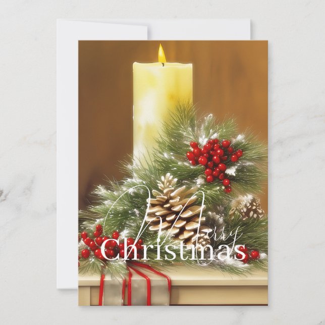 Candles berries and pine cones budget Christmas Holiday Card (Front)