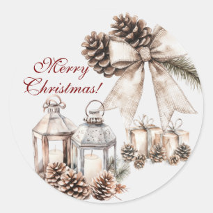 Candles Snow Pine Cones Christmas Classic Round Sticker
