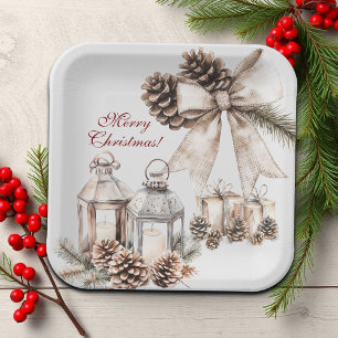 Candles Snow Pine Cones Christmas Paper Plate