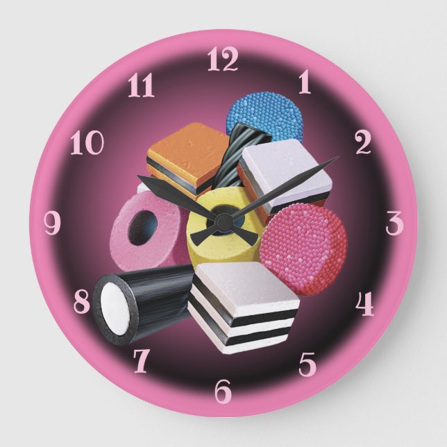 Candy Allsorts. Large wall clock. Pink & black. Clock (Front)