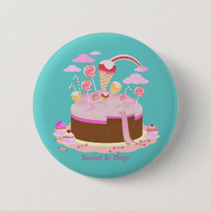 Candy and chocolate cake for birthday party 6 cm round badge