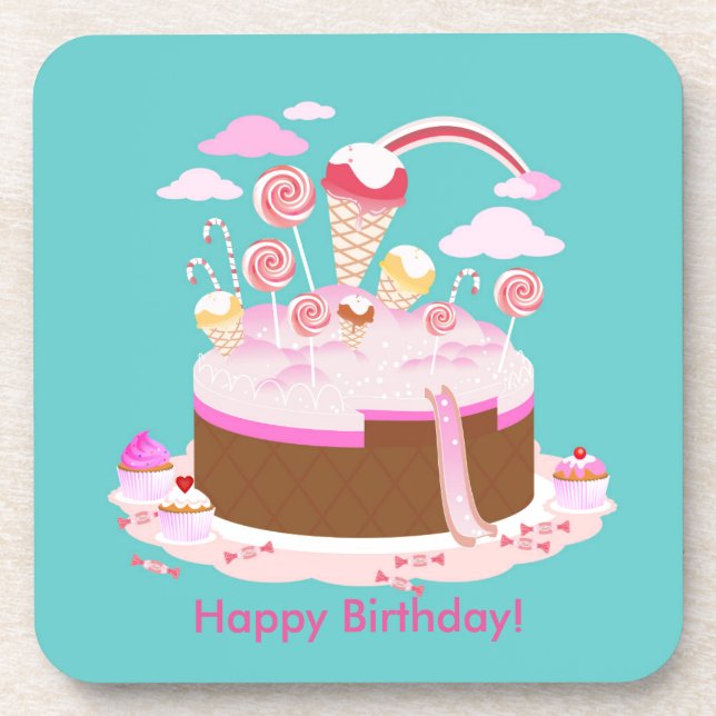 Candy and chocolate cake for birthday party coaster (Front)