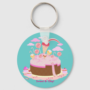 Candy and chocolate cake for birthday party key ring