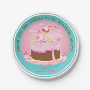 Candy and chocolate cake for birthday party paper plate