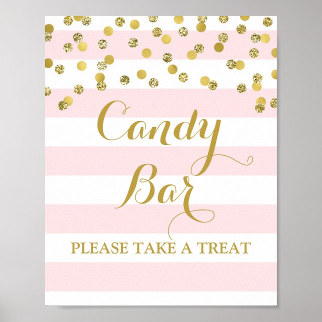 Candy Bar Wedding Sign Pink Stripes Gold Confetti (Front)