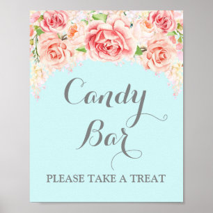 Candy Bar Wedding Sign Pink Watercolor Floral Blue