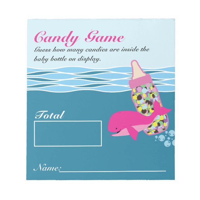 Candy Bottle Guessing Game, M&M, Whale Baby Shower Notepad (Front)