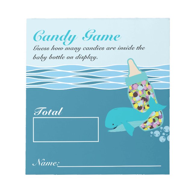 Candy Bottle Guessing Game, M&M, Whale Baby Shower Notepad (Front)