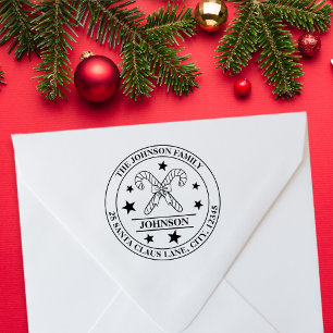 Candy Cane and Bow Family Emblem + Address Rubber Stamp