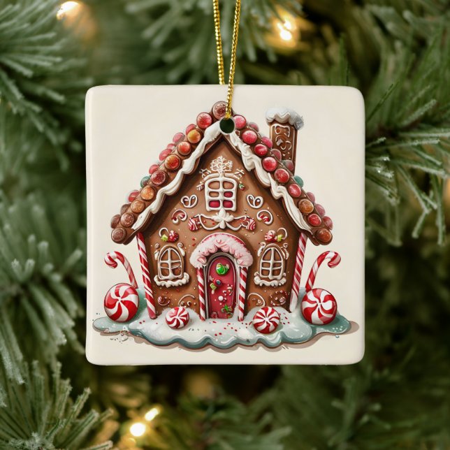 Candy Cane and Gumdrop Delight Gingerbread House Ceramic Ornament (Tree)