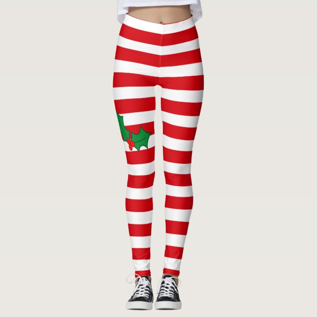 Candy Cane and Holly Festive Christmas Leggings (Front)