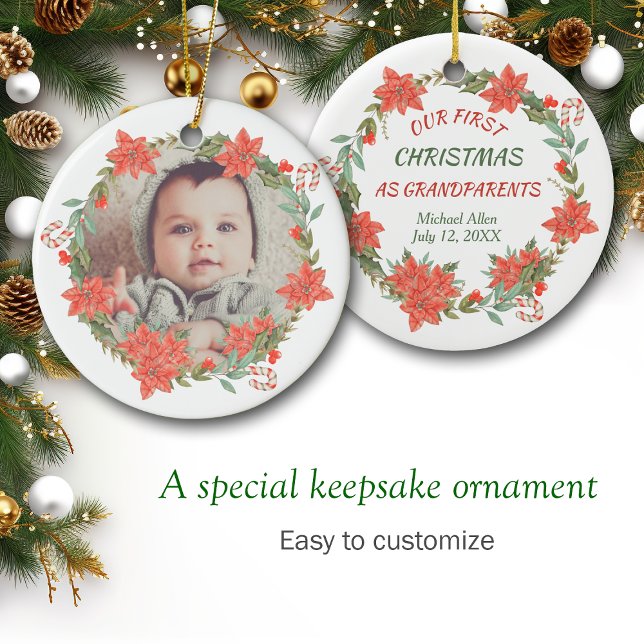 Candy Cane and Poinsettia Wreath Photo Ceramic Tree Decoration (Creator Uploaded)