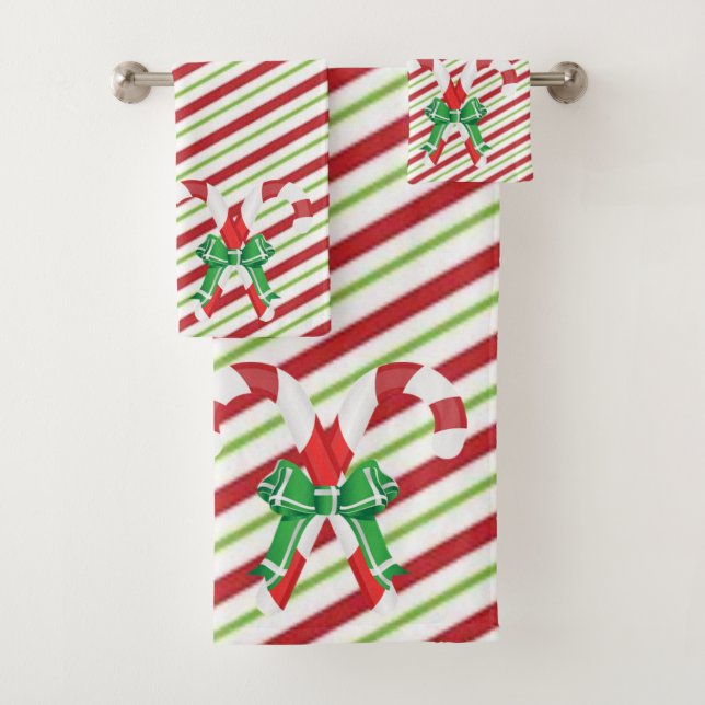 Candy Cane and Red White and Green Stripes Bath Towel Set (Insitu)