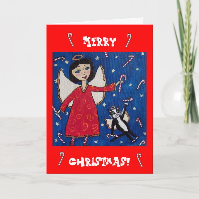 Candy Cane Angel and Cat Christmas Card (Front)