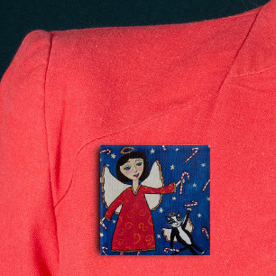Candy Cane Angel Cat Folk Art Christmas 15 Cm Square Badge