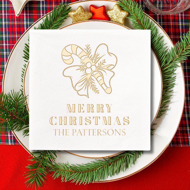 Candy Cane Bow Merry Christmas Personalised Name Foil Napkins (Creator Uploaded)