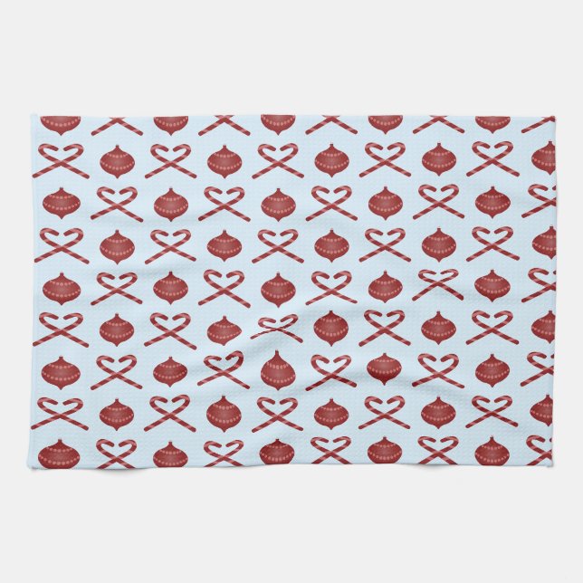 Candy Cane Bows and Ornaments Tea Towel (Horizontal)