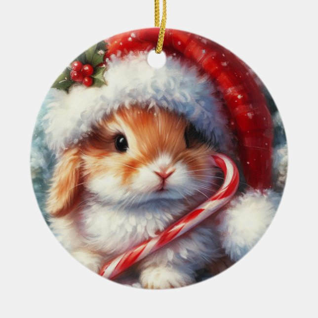 Candy Cane Bunny Rabbit Christmas  Ceramic Tree Decoration (Front)