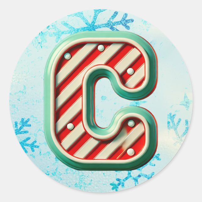 Candy Cane Christmas "C" Sticker, Festive Stripes Classic Round Sticker (Front)